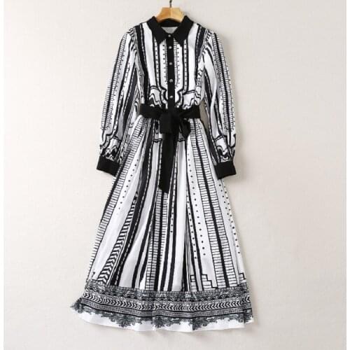 Newest Fashion Runway Dress 2021 Autumn High Quality Women Turn-down Collar Digital Print Long Sleeve Mid-Calf Vintage Dress