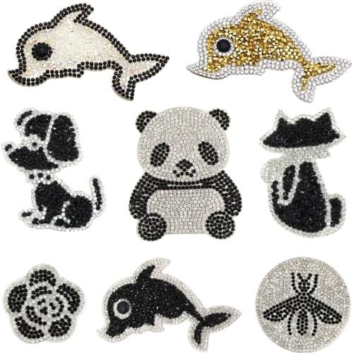 1Pcs Animal Rhinestone Patches Panda/Dag/Cat/Bee/Dolphin/Flower Patches Iron On Patch For Clothes Hotfix Clothing Stickers Badge