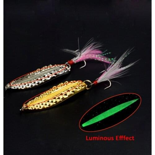 2Pcs 7g 10g 15g Winter Metal Luminous Spinner Spoon Lure Bass Fishing Sequin Wobblers Artificial Bait Feather Treble Hook Tackle