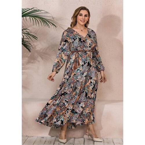 2021 Spring and Autumn New retro fashion plus size dress fat girl loose waistband long sleeve big hem lengthened dress regular