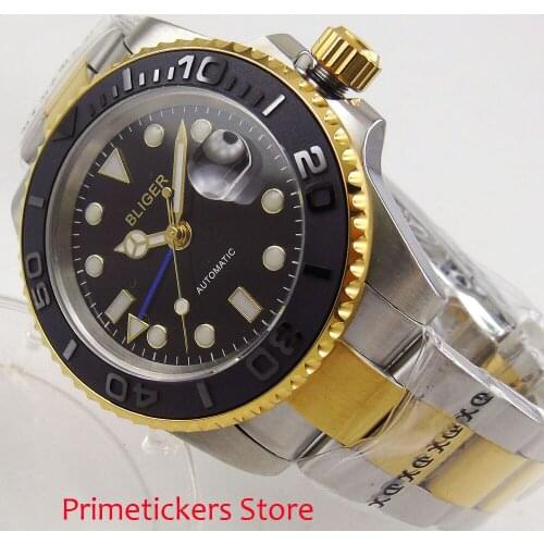 40mm bliger black dial ceramic bezel blue GMT pointer sapphire glass GMT date automatic mens watch