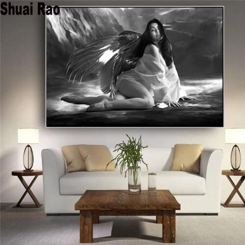 5d round square diamond embroidery wing Woman pattern cross stitch kits mosaic diamond painting rhinestone Angel Black White Art