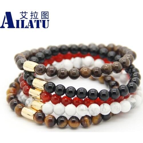 Ailatu 10pcs/lot New Arrival 6mm Tigers Eye, Bronzite, White Howlite, Matte Onyx and Lava Rock Stone Fashion Tube Bracelets
