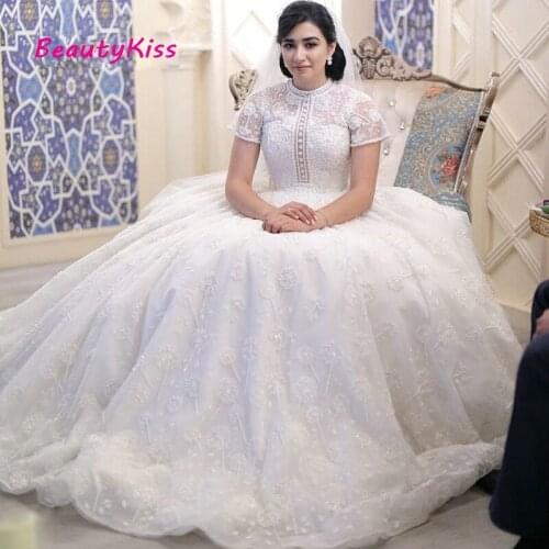 Princess Ball Gown Wedding Dress Dandelion Flower Lace Bead O-Neck Short Sleeve Bridal Dress Plus Size Custom Made Wedding Gowns