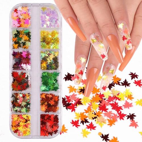 Nail Sequins 12 Grids Butterfly Maple Leaves Shape Nail Decoration Girls' Simple Luminous Sheet Stickers Exquisite Handicrafts