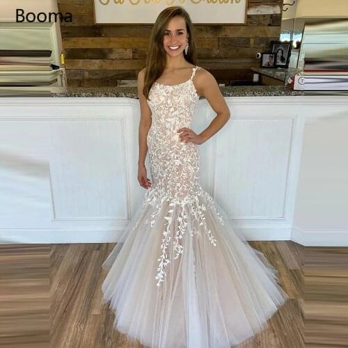 Booma Lace Mermaid Prom Dresses Spaghetti Straps Full Appliques Trumpet Evening Dresses Backless Criss Cross Formal Party Gowns