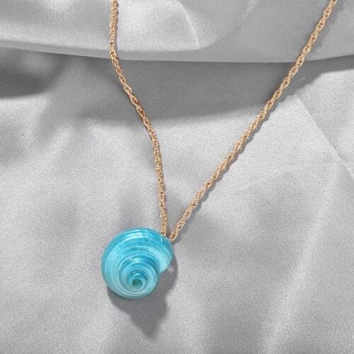 FYJS Unique Light Yellow Gold Color Blue Conch Pendant Link Chain Necklace Bohemian Style Jewelry