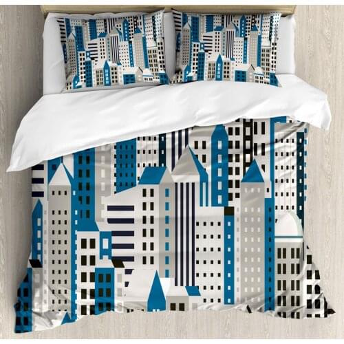 Urban Art Duvet Cover Set Pattern of Buildings Modern Metropolitan 3 Piece Bedding Set Sea Blue Dusk Eggshell