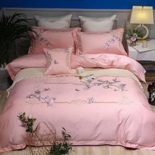 Chinese Style Pink 100% Cotton Sanding Printed Flower Bedding Set Embroidered Bed Sheet Duvet Cover Pillowcase Queen King 4pcs