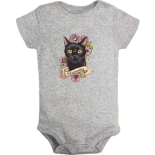 Retro Vintage Black Cat Wednesday Pink Flower Printed Newborn Baby Girl Boys Clothes Short Sleeve Romper Outfits 100% Cotton
