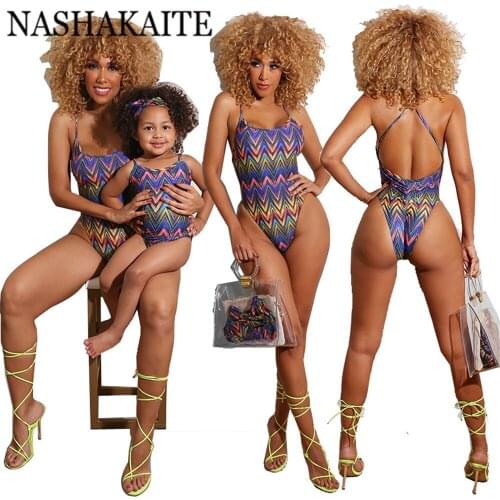 NASHAKAITE 2021 Mom and Daughte Swimsuit Floral Sexy One Piece Off Shoulder Swimwear Mommy And Me Swimsuit Swimwear For Family