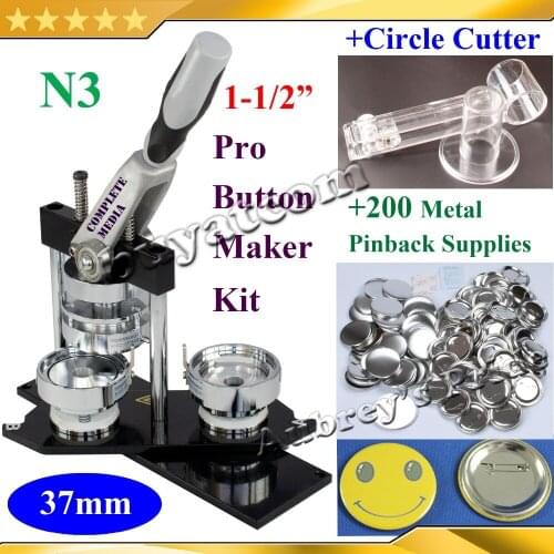 NEW Pro N3 1-1/2":37mm Badge Button Maker Machine + Adjustable Circle Cutter+200 Sets Metal Pinback Supplies