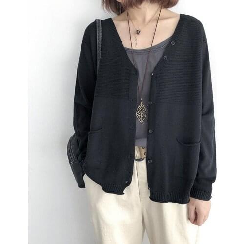 Solid Loose Knitted Cardigan Sweater For Women Autumn Oversize Long Sleeve V Neck Pocket Coat Female Casual Cardigan Top