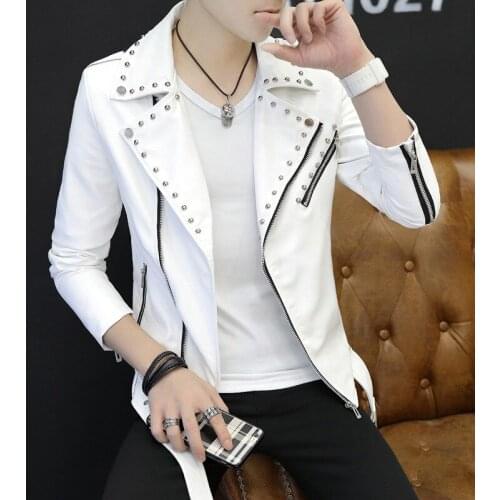 Men leisure type inclined zipper cultivate ones morality handsome young leather rivet trend of locomotive PU leather jacket
