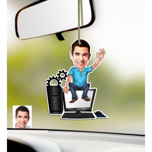 Personalized Mr Computer Engineer Caricature Of Wood Car Rearview Mirror ornament