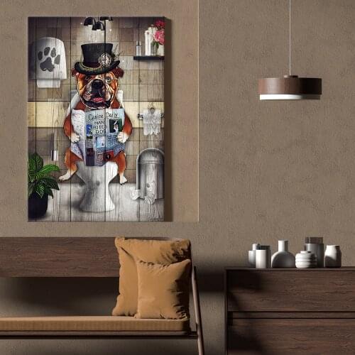 Canvas Poster Bulldog Reading Newspaper In Toilet Wall Art Painting Posters and Prints Nordic Wall Pictures for Home Decor