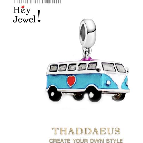 Lucky Happiness Blue Enamel Love Bus Pendant Charms 925 Sterling Silver Tone Oil Drop DIY Bracelet Floating Charms