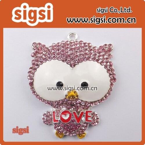 High quality 48mm rhinestone owl love Valentines day rhinestone chunky pendant