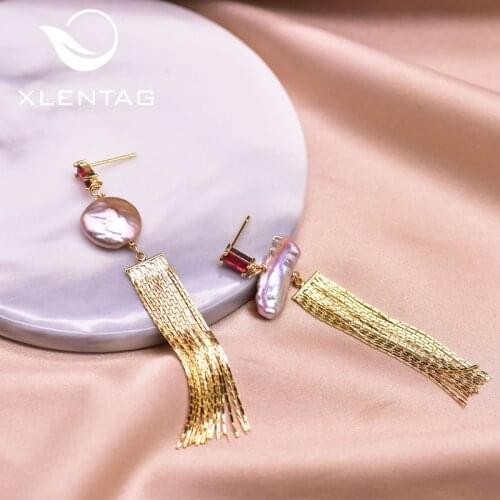 XlentAg Hand Made Women Natural Purple Baroque Pearl Drop Asymmetrical Earring Tassel For Girl Gift Fine Fashion Jewerly GE0925