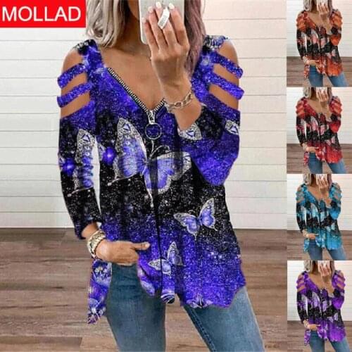 2021 Autumn And Winter Europe And America Women 'S V-neck Butterfly Print Long-Sleeve Zipper T-shirt Top