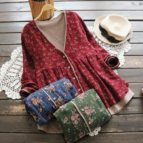 3214 new Big Size autumn women Japan Retro Floral Print Vintage Blouse Lace V-neck shirt Long Sleeve Cotton Linen Blouse