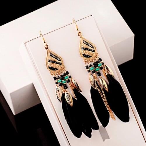 New Ethnic Black Feather Gold Leaf Jhumka Earrings For Women Boho Gypsy Water Drop Metal Beads Ladies Indian Earrings Kolczyki