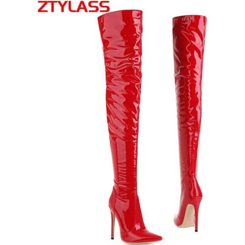 2021 Sexy Stiletto Boots Patent Leather Women Boots Autumn Winter Super High Heel Over The Knee Boots Zipper Thigh Boots Shoes