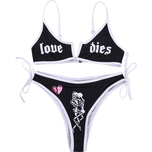 Women Two-Piece Swimsuit Funny Letters Print Summer Halter Tops Thong 2-Piece Bathing Suit Beachwear Bikini Set