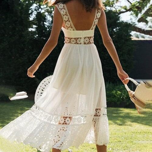 White Cotton Lace Hollow Long Dress Womens Open Back Thin Shoulder Strap High Waist 2021 Summer Womens Dress Comfortable