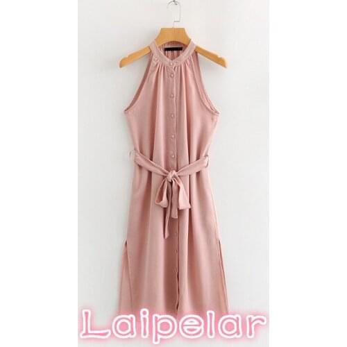Women elegant halter midi dress sleeveless bow belt button pleated ladies casual chic dresses summer women dress 2020 new