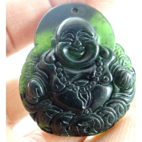 41*35*7MM Wholesale natural Chinese black green stone hand-carved statue of Buddha amulet pendant necklace