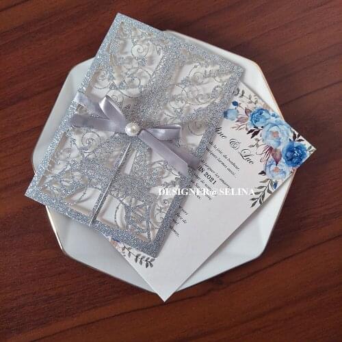 50Pieces/Lot Laser Cut Eiffel-Tower Wedding Invitation Card With Pearl Personalized Silver Glitter Quinceanera Birthday Card