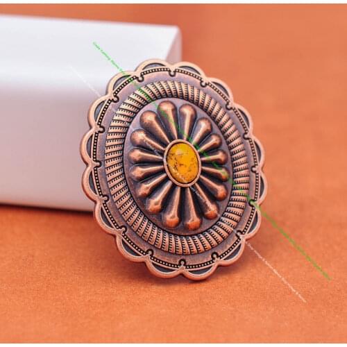 6pc 44*38mm Antique Copper Flower Pattern Yellow Turquoise Oval Concho For Leathercraft Wallet Belt Saddle Tack Hardware Decor