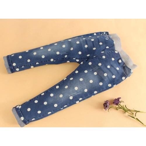 Free Shipping Baby Girls Autumn Spring Denim Jeans Girls Skinny Jeans Long Pants Kids Dot-pattern Jeans Child Casual Trousers