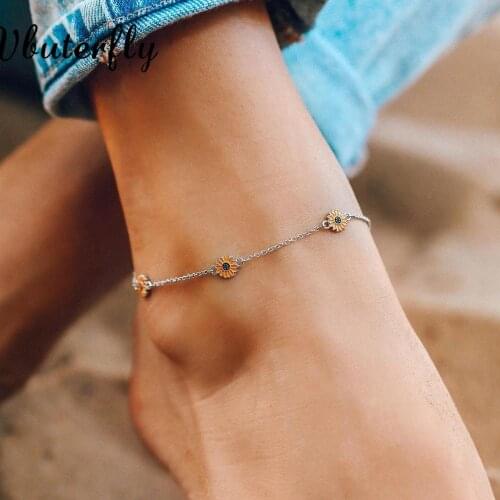 Daisy Sunflower Chain Anklet Bohemian Beach Style Flowers Jewelry for Women & Girl Birthday Gifts Sun Flower Anklets 21+5cm #T