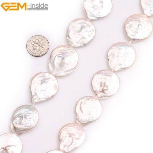 Gem-inside Natural Big Large White Pink Coin Freshwater Cultured luster Pearls Beads for Jewelry Making 15'' DIY Jewelry