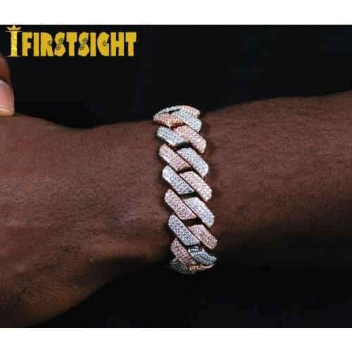 19mm Two Tone Cuban Link Bracelet Micro Pave AAA Cubic Zircon Chain Bracelet 3 Row Iced Out Bling Charm Hip Hop Men Jewelry