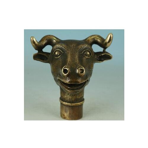 Collecting OLD copper decoration bronze Brass Asian Chinese Old Bronze Hand Carved Ox Statue Walking Stick Head Decorative Art