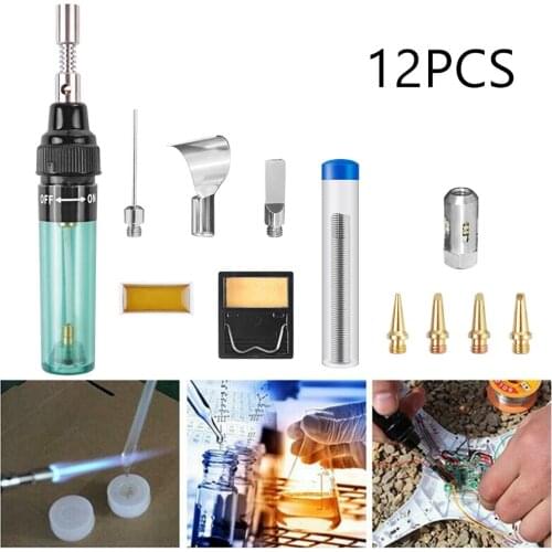 12pcs Butane Gas Soldering Iron Set Portable Welding Kit Solder Wire Tips Support Torch Welder MT-100 As Heat Blower Mini-torch