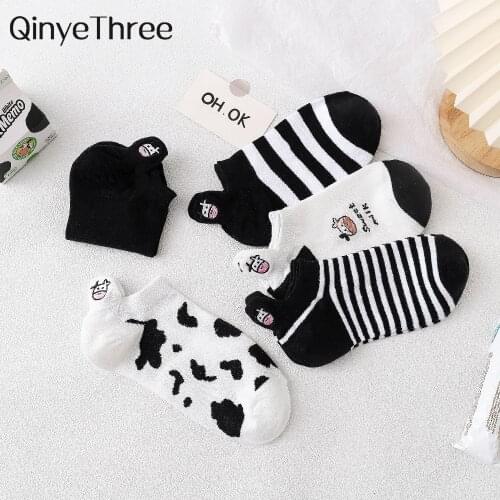 New Embroidery Cow Pattern Women Socks Lovely Harajuku Japanese Style Cotton Striped Solid Breathable Casual Cartoon Ankle Sock