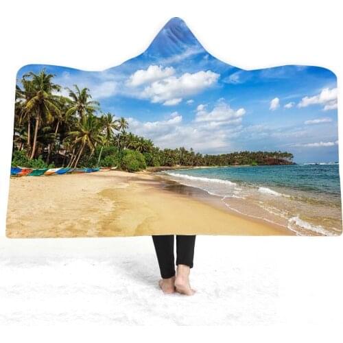 3D Seaside Coconut Palm Printing Hooded Blanket Winter Sofa Chair Essentials Office Portable Warmth Blanket Soft Microfiber