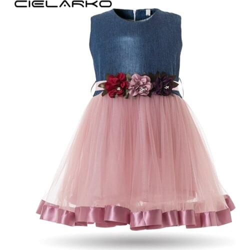 Cielarko Baby Girls Dress Infant Flower Dresses for Birthday Party Formal Denim Tulle Design Ball Gown Toddler Girl Fancy Frocks
