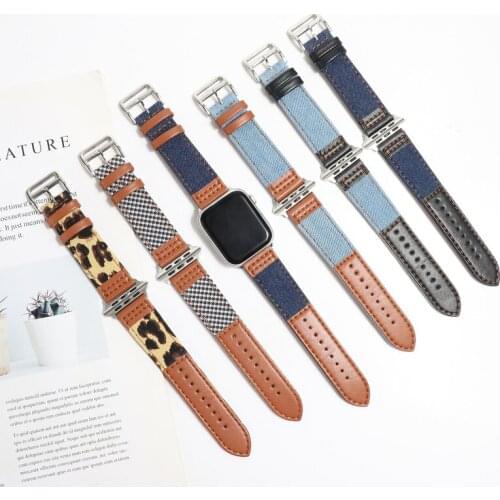 Denim+Genuine Leather Strap For Apple Watch 38mm 42mm Correa Canvas Bracelet Watchband For Apple Watch 6 5 Band 44mm 40mm SE 3 2