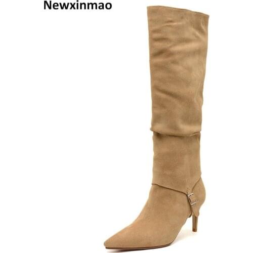 Top Quality cow sueder Knee High Boots For Women Pointed Toe Thick Heels Shoes Woman Winter Fashion Newest Working Boots Boots