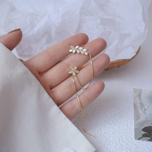 14k Real Gold Fashion Jewelry Crystal Leaves Flower Chain Exquisite Stud Earrings for Woman Holiday Party Elegant Earring