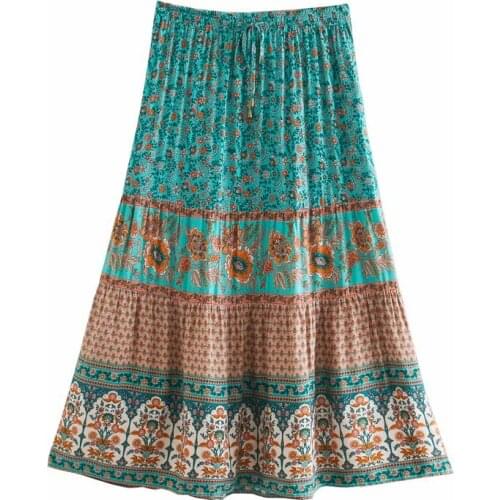 Vintage chic fashion Hippie women beach Bohemian purple floral print skirt High Elastic Waist A-Line Boho Maxi Skirt Femme