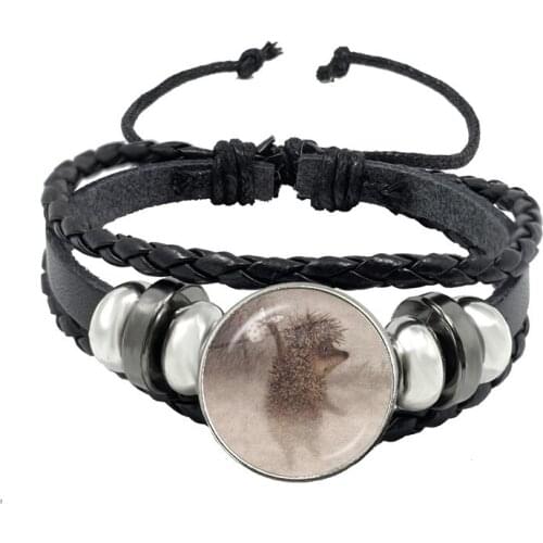 Vintage Black Braided Multilayer Leather Bracelet Cute Animal Hedgehog Charms Bracelets For Women Mens Wristband Jewelry