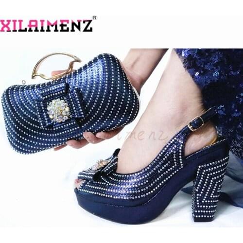 Latest Italian Spring Sandals Shoes And Bag To Match Set For Party Fashion Rhinestone Pumps Shoes And Bag Set in Dark Blue Color
