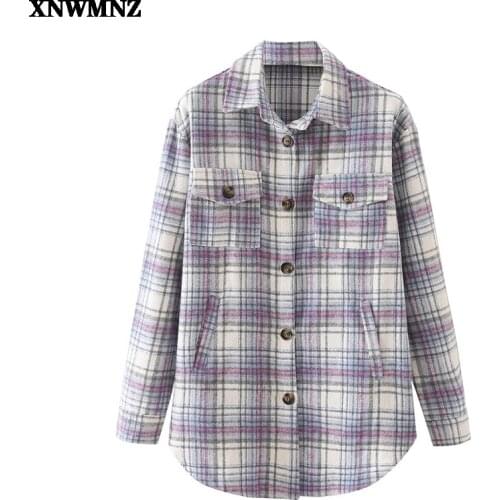 XNWMNZ Women Woolen plaid shirt coat 2021 Spring-Autumn Fashion Ladies Elegant Loose Blouses Streetwear Girls Oversize Outwear