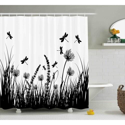 Nature Shower Curtain, Grass Bush Meadow Silhouette with Dragonflies Flying Garden Plants Display, Bathroom Decor